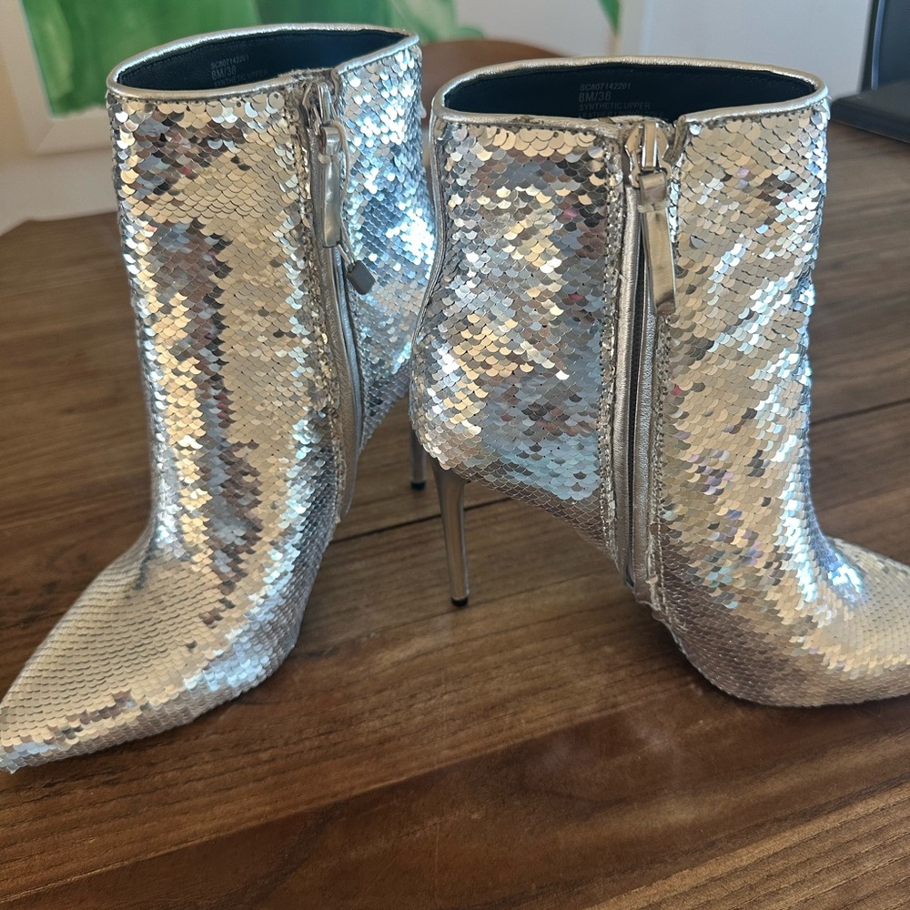 Alice + Olivia Celyn Metallic Silver Sequin Heeled Boots